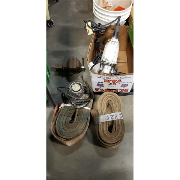 BOX OF TOOLS, BENCH VICE, ROUTER, ANGLE GRINDER, LOAD STRAP