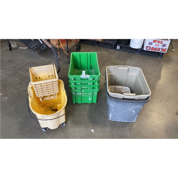 LOT OF TOTES, BINS, MOP BUCKET AND WRINGER