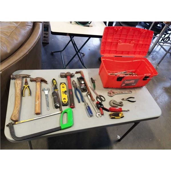 HOME DEPOT TOOLBOX WITH CONTENTS, TOOLS, HAMMERS, WOOD PLANE, PRY BAR