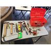 Image 1 : HOME DEPOT TOOLBOX WITH CONTENTS, TOOLS, HAMMERS, WOOD PLANE, PRY BAR