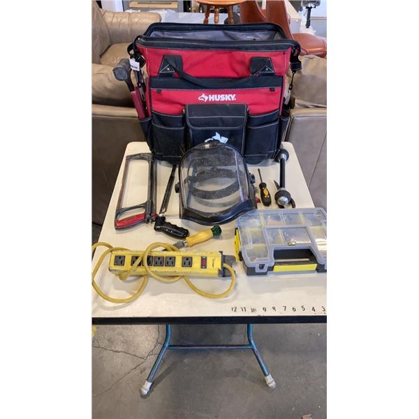 HUSKY ROLLING TOOL BAG WITH TOOLS - HARDWARE ORGANIZER WITH CONTENTS, SAWS, WELDING MASK, POWER BAR