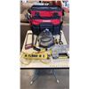 Image 1 : HUSKY ROLLING TOOL BAG WITH TOOLS - HARDWARE ORGANIZER WITH CONTENTS, SAWS, WELDING MASK, POWER BAR