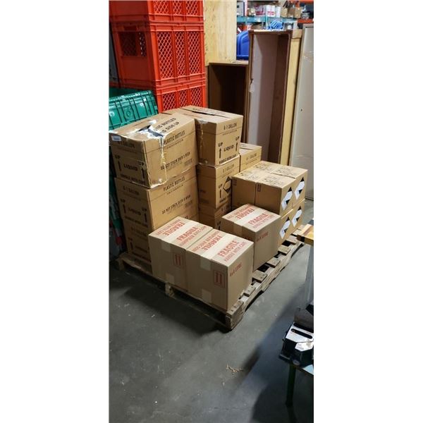 PALLET OF NEW VARIOUS HOUSEHOLD CLEANERS AND SANITIZERS: SPLASH BLEACH, SURFACE SANITIZER AND SANISP