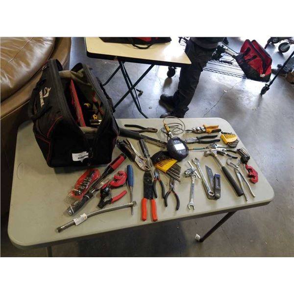 HUSKY TOOL BAG WITH CONTENTS - PIPE CUTTERS, WRENCHES, CRYSTAL DIGITAL TEST GAUGE