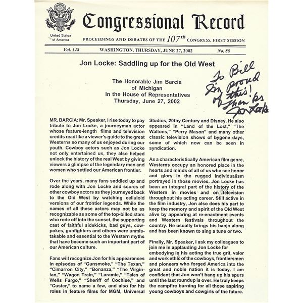 Congressional Record Jon Locke signed newspaper