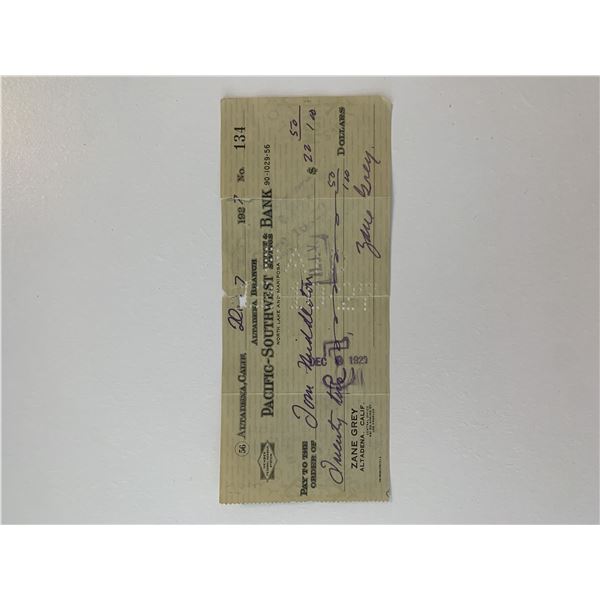 Zane Grey signed check