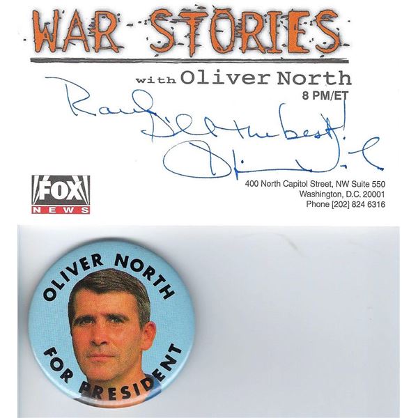 Oliver North signed Fox News card and button