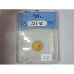 1854 Type Two One Dollar Gold Coin ANACS AU50