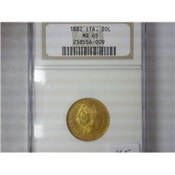 1882 Italy Twenty Lire Gold Coin NGC MS65