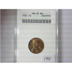 1931 Lincoln Cent ANACS MS63 RB