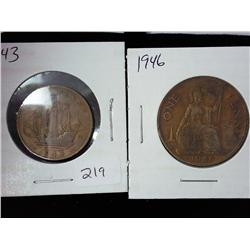 Great Britian 1943 1/2 Penny And 1946 Penny