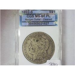 1892-S Morgan Silver Dollar CGS MS60PL Cleaned