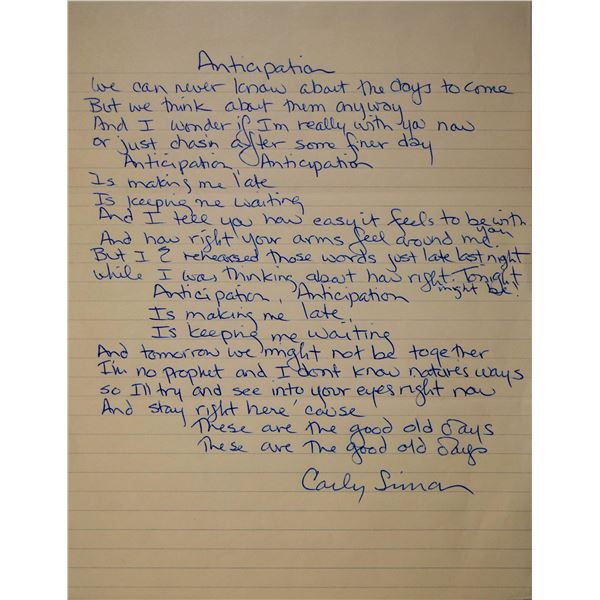 Carly Simon written and signed lyrics
