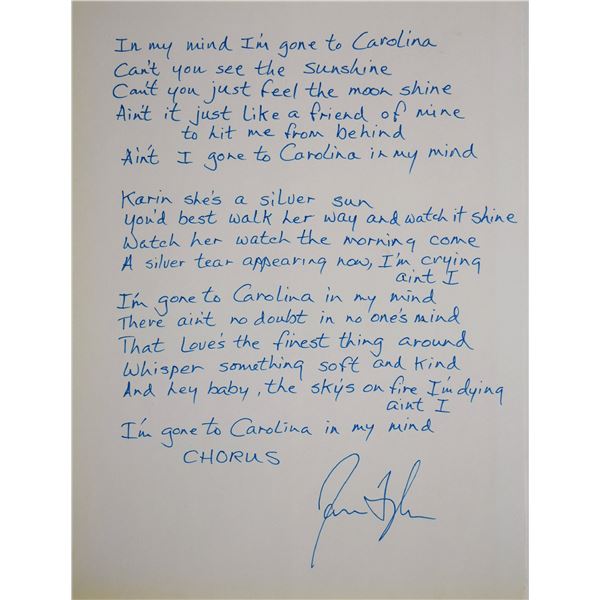 James Taylor written and signed Carolina In My Mind Lyrics