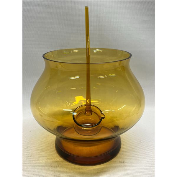Amber Art Glass Punch bowl with Glass Ladle (bowl 9"W 9"T) some rim