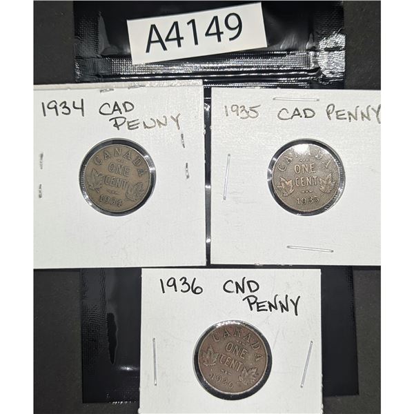 1934, '35, '36 Canadian Pennies (A4149)