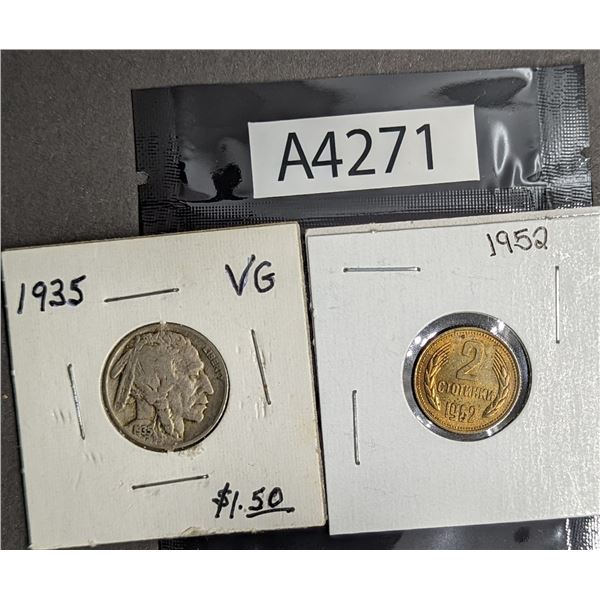 1935 US Buffalo Nickel & 1962 Bulgaria 2 Stotinki (A4271)