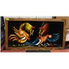 Image 1 : WOODEN FRAMED RIVAL ROOSTER VELVET PAINTING 26" X