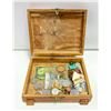 WOOD LOCKABLE BOX WITH ESTATE COLLECTION OF