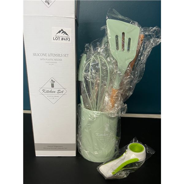 Lot of 1 Set of Silicone Kitchen Utensils w/ Holder (Mint Green)