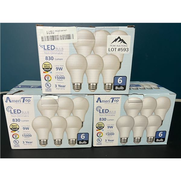 Lot of 3 Multi-Packs of AmeriTop LED Bulbs (6 per pack/18 total)