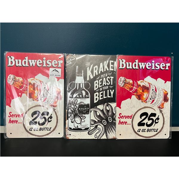 Lot of 3 Vintage Reproduction Budweiser/Kraken Signs