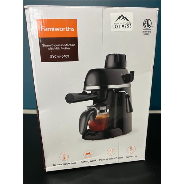 Lot of 1 Famiworths Steam Espresso Machine w/ Milk Frother