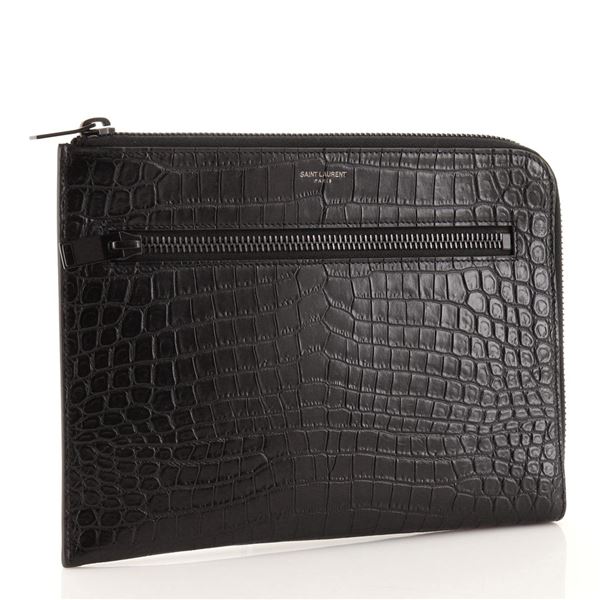 Saint Laurent YSL Rider Zipped Document Holder Crocodile Embossed Leather Medium
