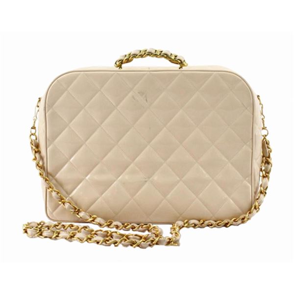 Chanel Beige Quilted Patent Leather Top Handle Vanity Case 2Way Bag