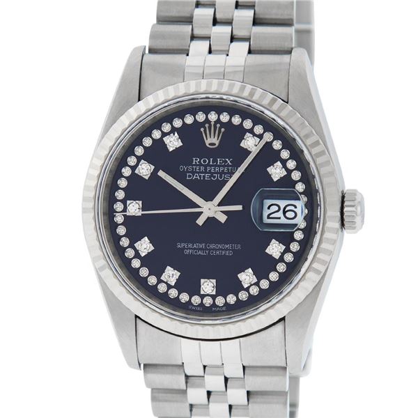 Rolex Mens Stainless Steel Blue String Diamond 36MM Datejust Wristwatch