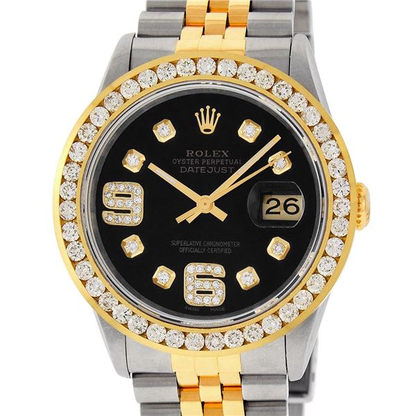 Rolex Mens Stainless Steel and Yellow Gold Black VVS Diamond 36mm Datejust