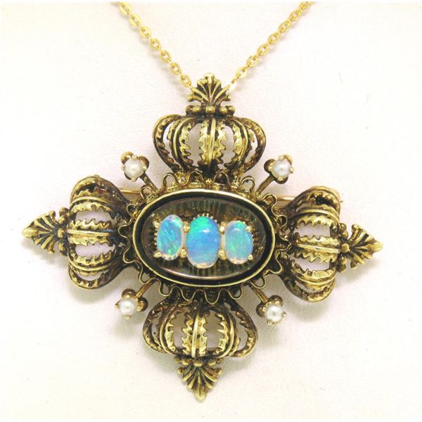 Vintage 14k Green Gold Opal Pearl & Black Enamel Pendant Brooch Pin w/ Chain
