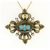 Image 2 : Vintage 14k Green Gold Opal Pearl & Black Enamel Pendant Brooch Pin w/ Chain
