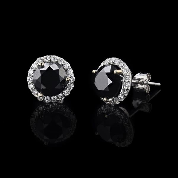 3.21 ctw Round Black Diamonds and 0.39 ctw White Diamond Halo Stud Earrings