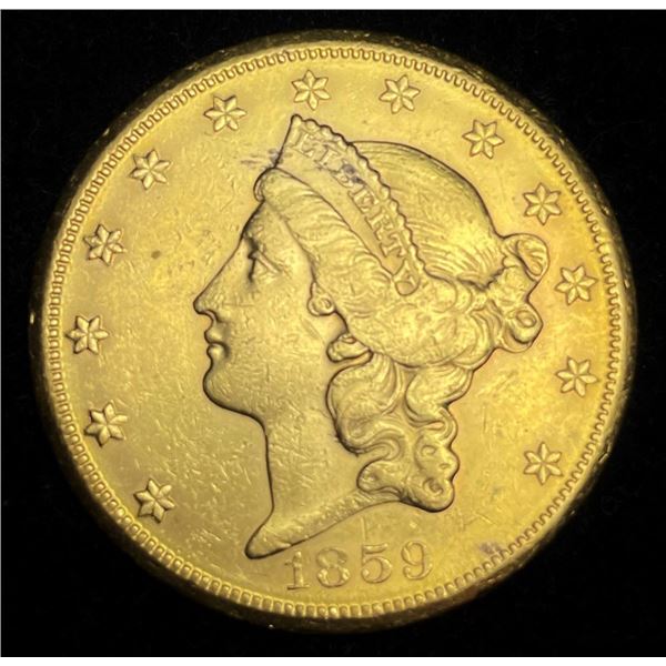 Rare 1859-S $20 Gold Liberty Type 1 AU58+
