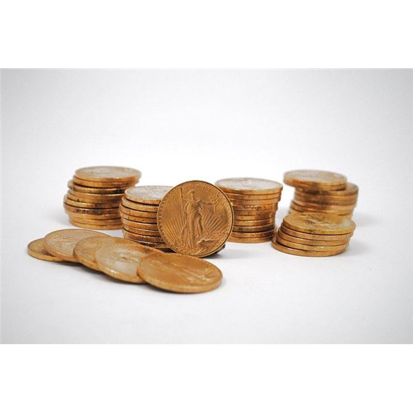 Ten (10) $20 Gold Saint Gaudens AU Detail