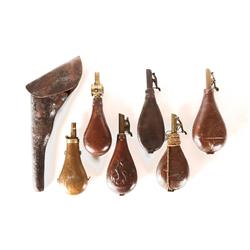 Lot of 6 Shot Flasks & 1 Civil War Holster