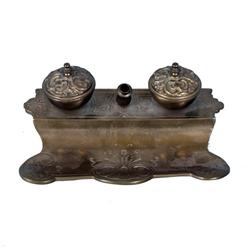 Antique brass double ink well & pen holder