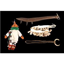 Hopi mud head doll, Iron spiked war club,