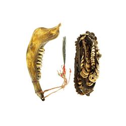 Scrimshawed bird effigy moose jawbone
