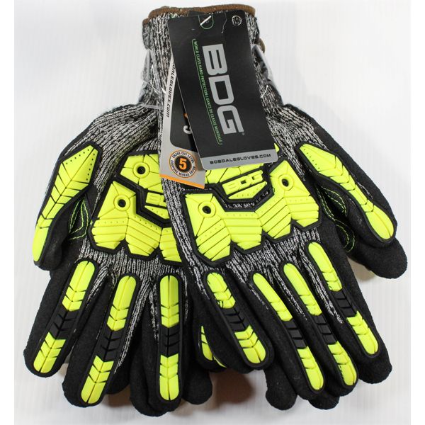 2 PAIR BDG IMPACT/CUT RESISTANT LVL 5 HI-VIZ WORK GLOVES SIZE L	