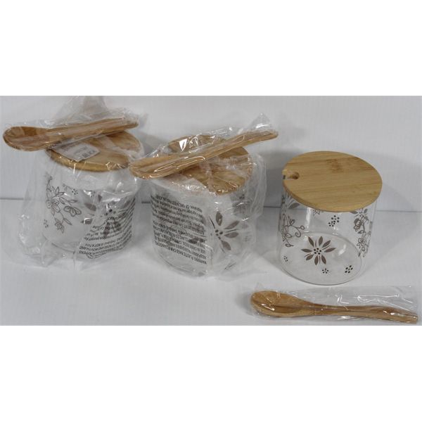 3 SMALL GLASS CANISTERS W/ SPOONS