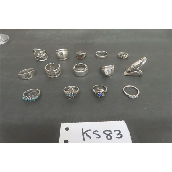 Lot of 15 Various Sizes Sterling Silver Rings