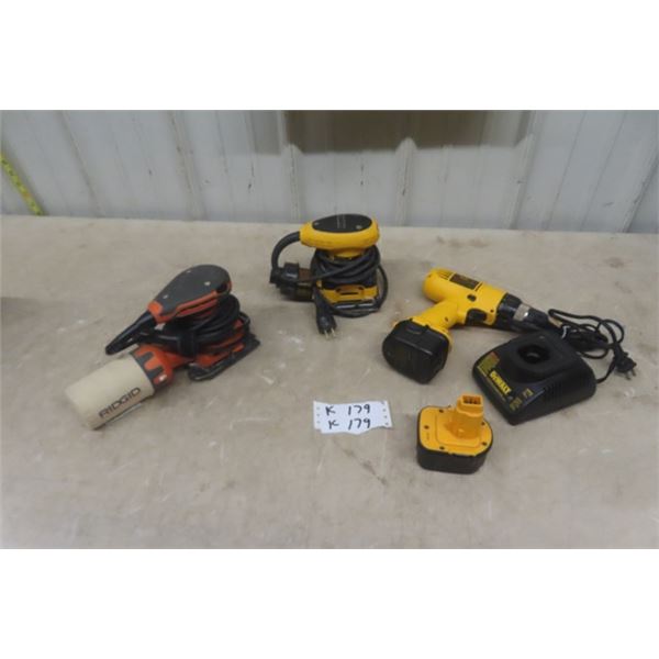 DeWalt 12V Drill with 2 Batteries & DeWalt + Rigid (with charger)  Power Sanders