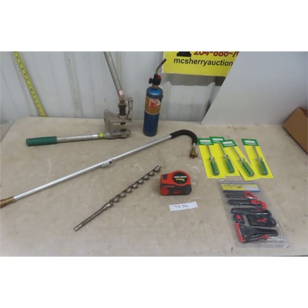 Stud Punch, B+D Tape Measure, Screwdrivers, Utility Knife Set, Propane Torch + Accessories, Auger Bi