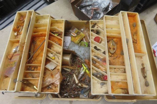 Tackle Box with Contents, Box of Hinges, Crate of Plastic Cut Up Pieces ...