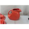 Image 2 : 18pc Assorted Colors Fiesta Ware; Water Jug, Tea Pots, Salt + Pepper Shakers, Cups, Saucers, Bowls p