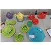 Image 8 : 18pc Assorted Colors Fiesta Ware; Water Jug, Tea Pots, Salt + Pepper Shakers, Cups, Saucers, Bowls p