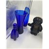 Image 2 : Blue Mountain Style Pottery Jug, Ceramic Inuit Figurine, and Assorted Blue-Colored Glassware