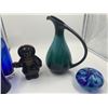 Image 3 : Blue Mountain Style Pottery Jug, Ceramic Inuit Figurine, and Assorted Blue-Colored Glassware
